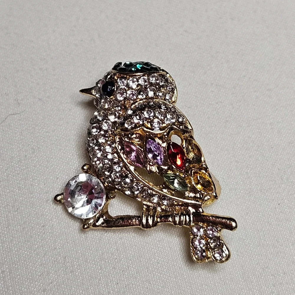 Bird Brooch Pin Women OS Gold Multi-Color Rhinestone Crystal Sparkle